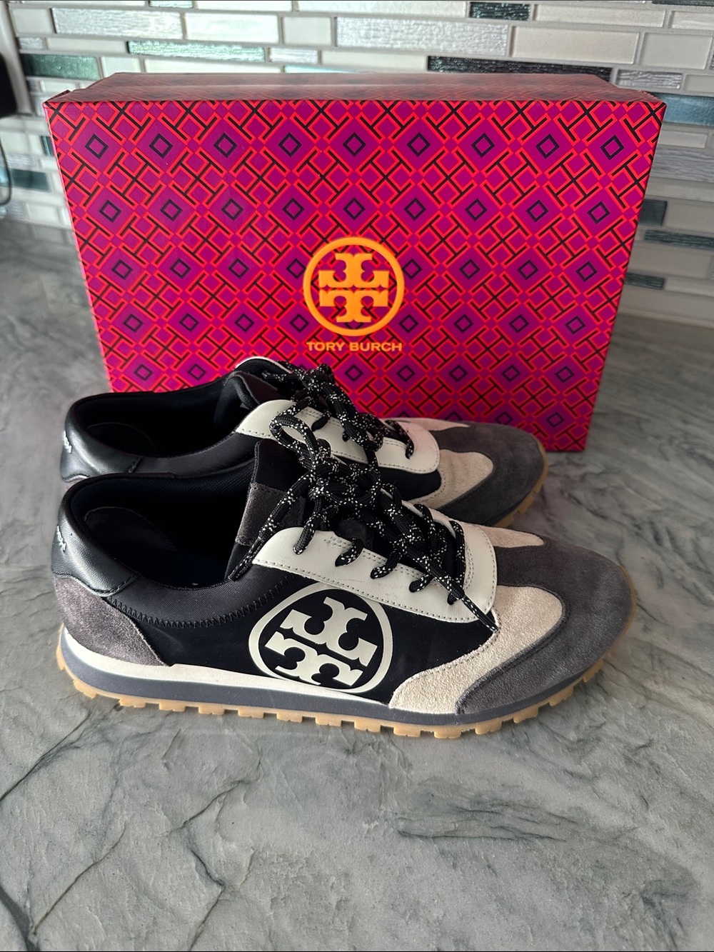 Tory Burch Navy, Gray and Cream Logo Low-Top Sneakers